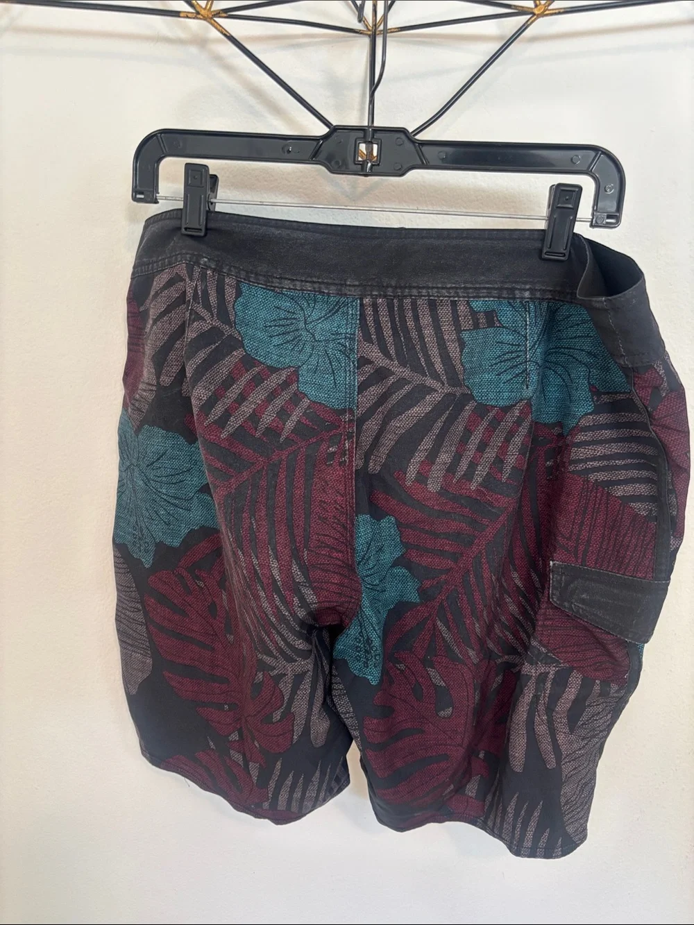 Dakine Black Board Shorts with Teal Floral & Maroon Leaf Print